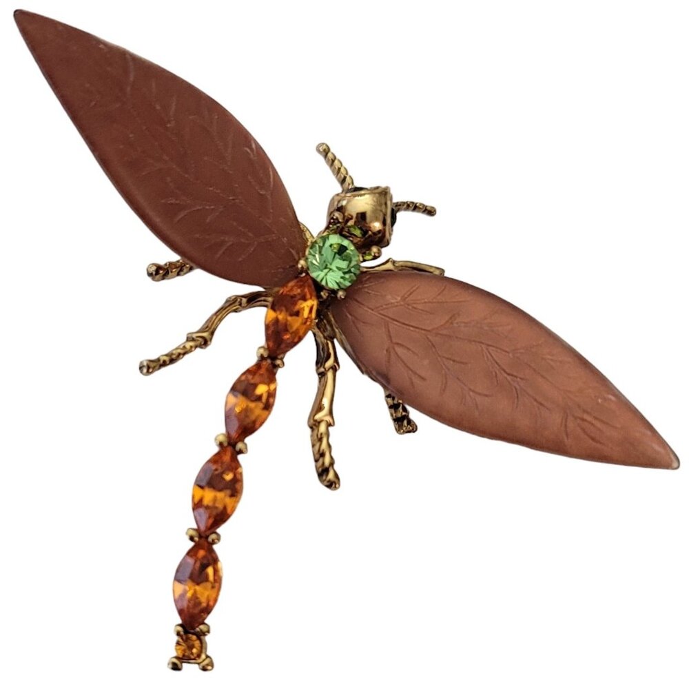 Gold Tone Orange Green Rhinestone Copper Tone Textured Wing Dragonfly Pin, E669